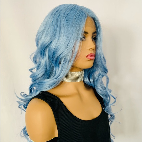 Very Pretty 28” Powder Blue Glueless Lace Front Premium Fiber Wig - Picture 5 of 12